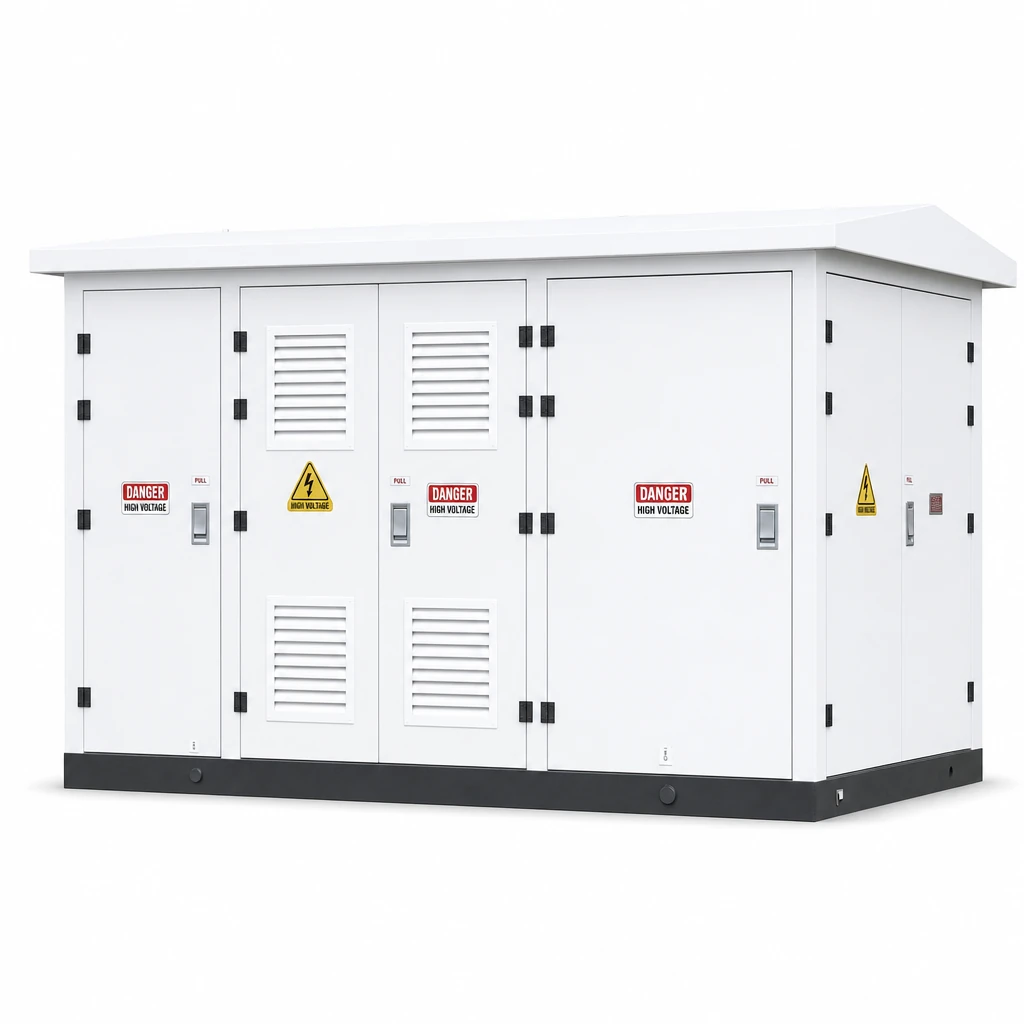 Minglang prefabricated substation with white outdoor enclosure, front three-quarter view