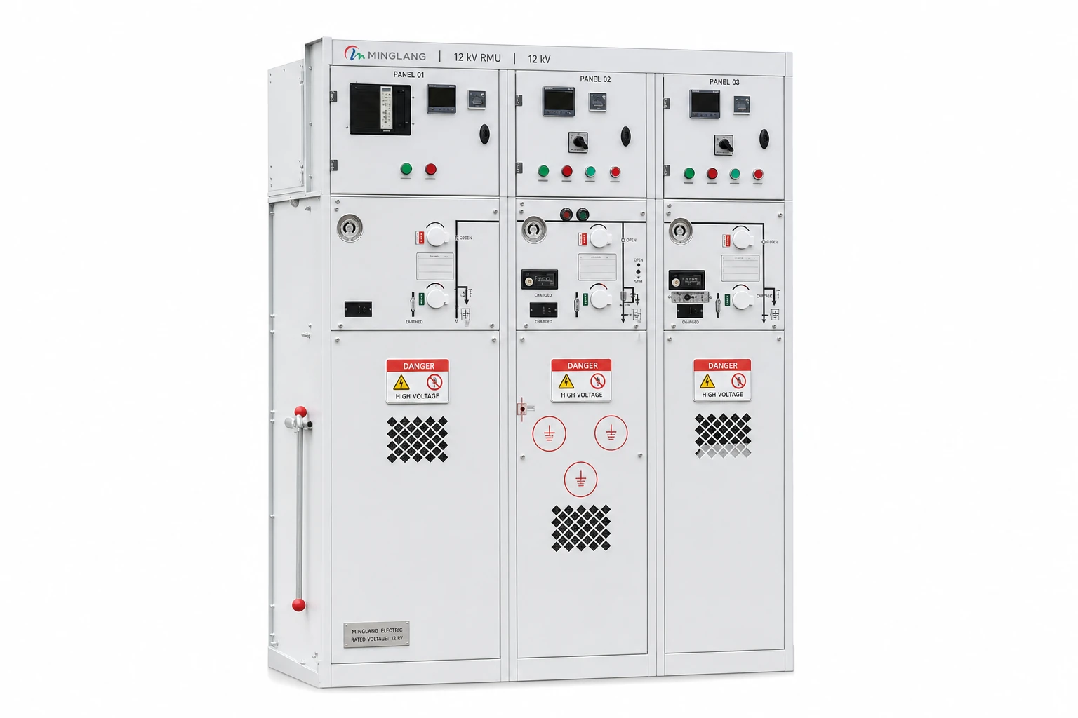 Minglang 12 kV ring main unit, three-panel compact lineup