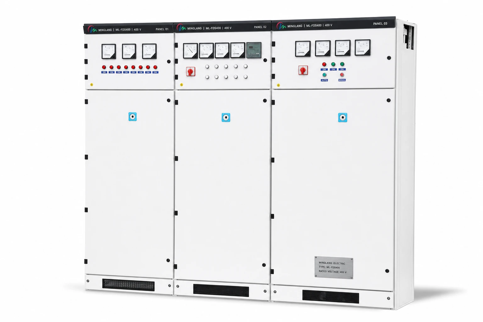 Minglang ML-FDS400 400 V fixed low-voltage distribution switchboard, three-cubicle lineup.