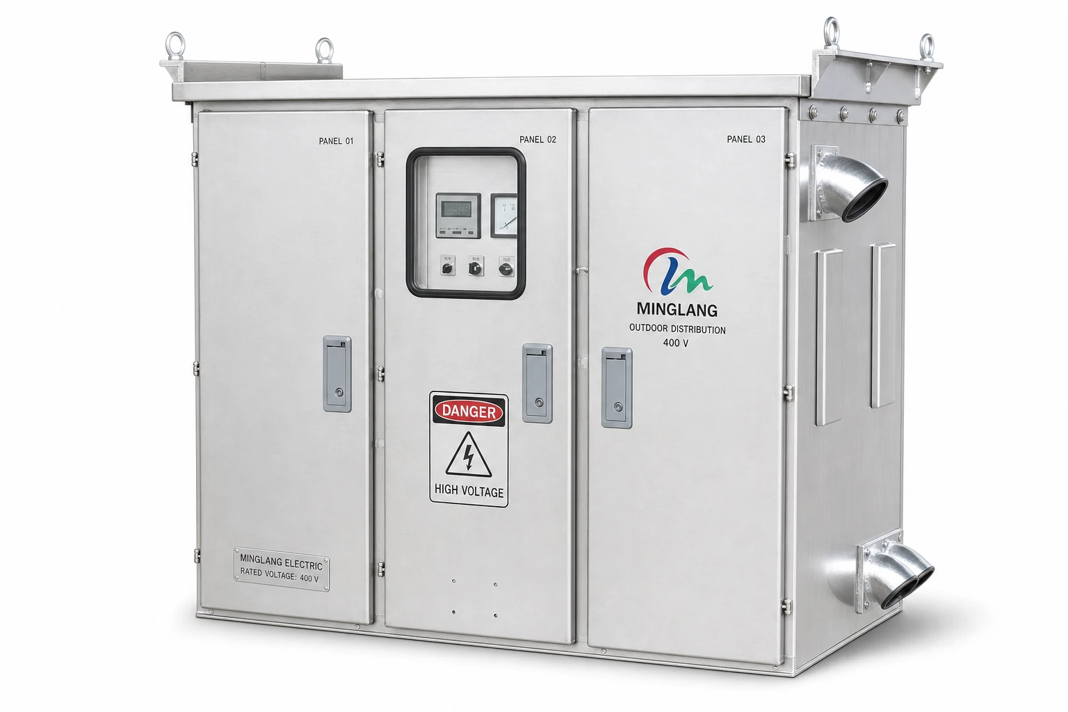 Minglang ML-ODC400 400 V outdoor integrated distribution cabinet with metering, stainless-steel enclosure.