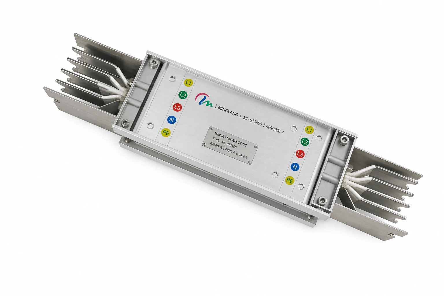 Minglang ML-BTS400 low-voltage busbar trunking system connection section with five-pole conductors.