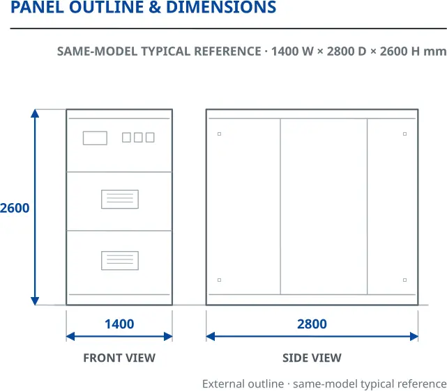 ML-AIS405 front view · side view reference outline with dimensions