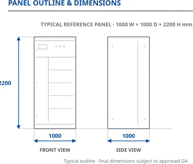 ML-HCW400 front view · side view reference outline with dimensions